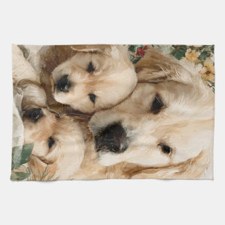 Golden Retriever Family Puppies Vintage Christmas Tea Towel