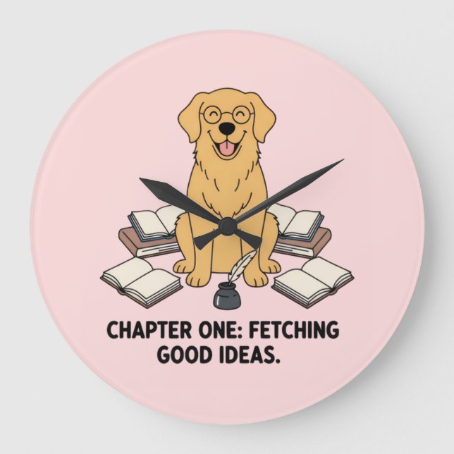 Golden Retriever Fetching Ideas Book Lover Pink Large Clock (Front)