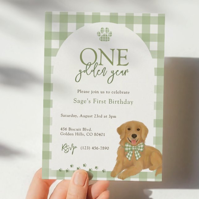 Golden Retriever First Birthday Party Green  Invitation (Creator Uploaded)