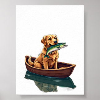 Golden Retriever Fishing Retro - Dog Fishing Hobby Poster