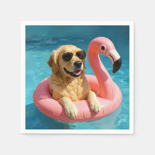 Golden Retriever Floating On a Flamingo Pool Toy Napkin (Front)