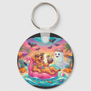 Golden Retriever Floating on Pink Flamingo Hallowe Key Ring