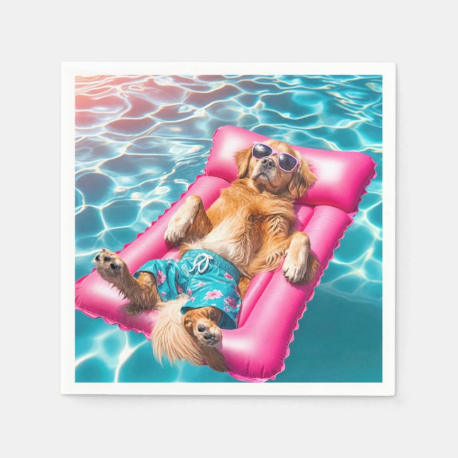 Golden Retriever Floating On Pool Mattress Napkin (Front)