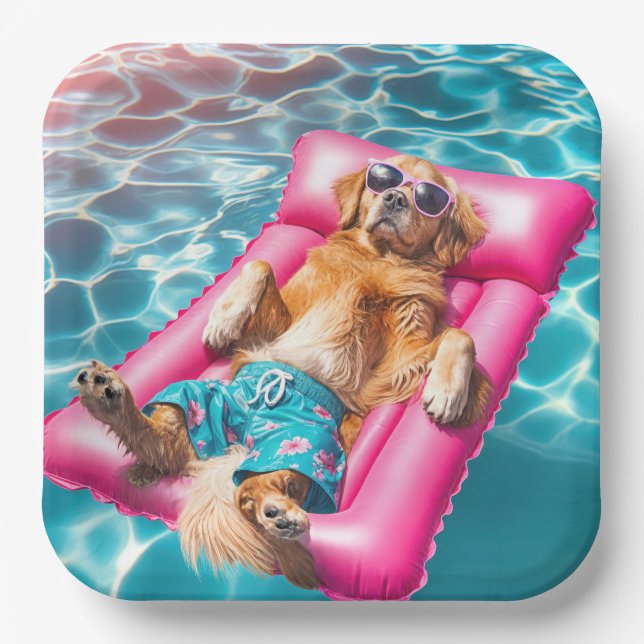 Golden Retriever Floating On Pool Mattress Paper Plate (Front)