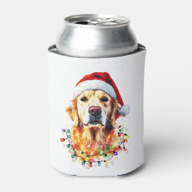 Golden Retriever Funny dog Christmas Santa Hat lig Can Cooler (Can Front)
