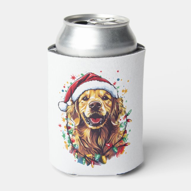Golden Retriever Funny dog Christmas Santa Hat lig Can Cooler (Can Front)