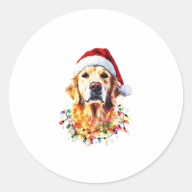 Golden Retriever Funny dog Christmas Santa Hat lig Classic Round Sticker (Front)
