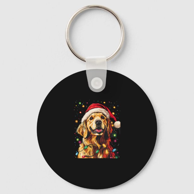 Golden Retriever Funny dog Christmas Santa Hat lig Key Ring (Front)