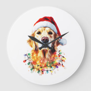 Golden Retriever Funny dog Christmas Santa Hat lig Large Clock