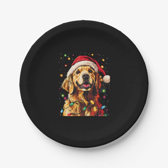 Golden Retriever Funny dog Christmas Santa Hat lig Paper Plate (Front)