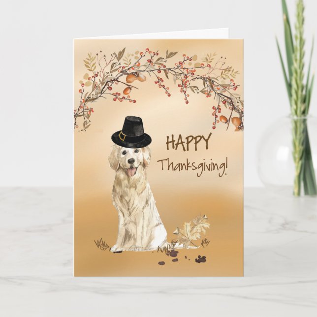 Golden Retriever Funny Pilgrim Hat Thanksgiving Card (Front)