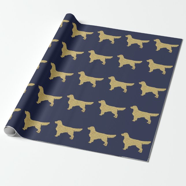 Golden retriever | Gold glitter navy blue Wrapping Paper (Unrolled)