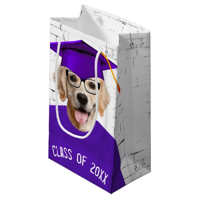 Golden Retriever Graduate with Purple T-shirt Small Gift Bag (Front Angled)
