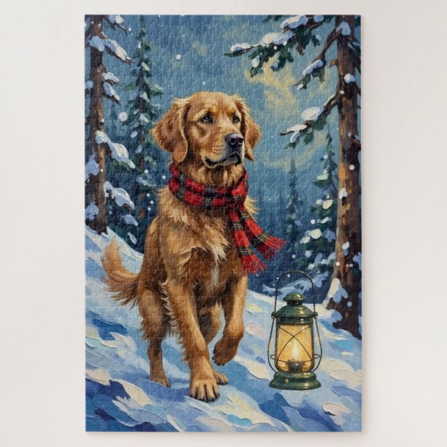 Golden Retriever Guiding Light in Snowy Forest Jigsaw Puzzle (Vertical)