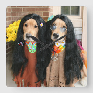 Golden Retriever Halloween Hippie Square Wall Clock