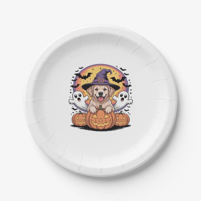 Golden Retriever Halloween Witch Dog Classic T-Shi Paper Plate (Front)