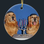 Golden Retriever Hanukkah Menorah Ceramic Ornament<br><div class="desc">This ornament features golden retrievers in yarmulkes lighting a menorah. This would make a perfect Hanukkah gift or decoration.</div>