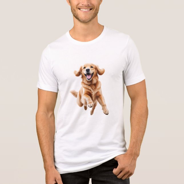 Golden Retriever Happy Playful Fun Jumping In Air Tri-Blend Shirt (Front)