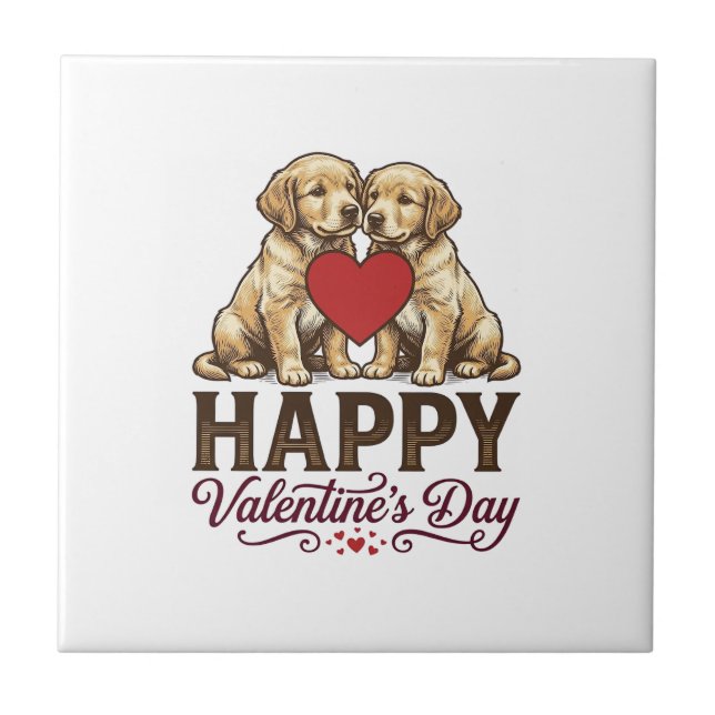 Golden Retriever Happy Valentines Day Ceramic Tile (Front)