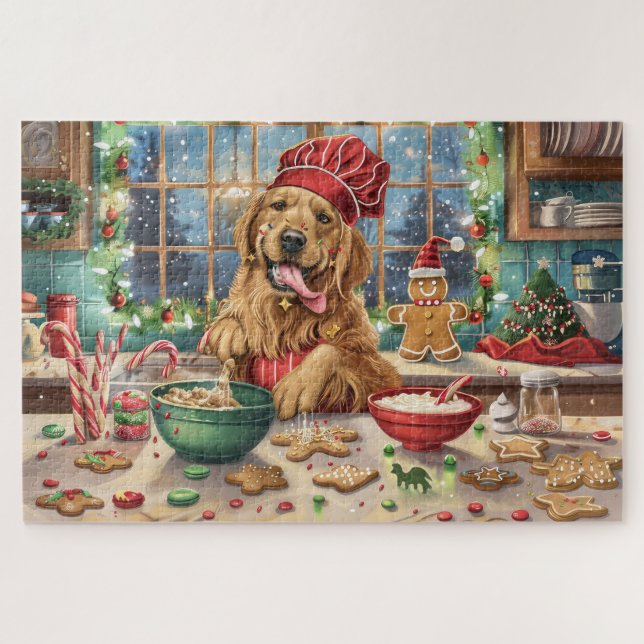 Golden Retriever Holiday Baking: Festive Christmas Jigsaw Puzzle (Horizontal)
