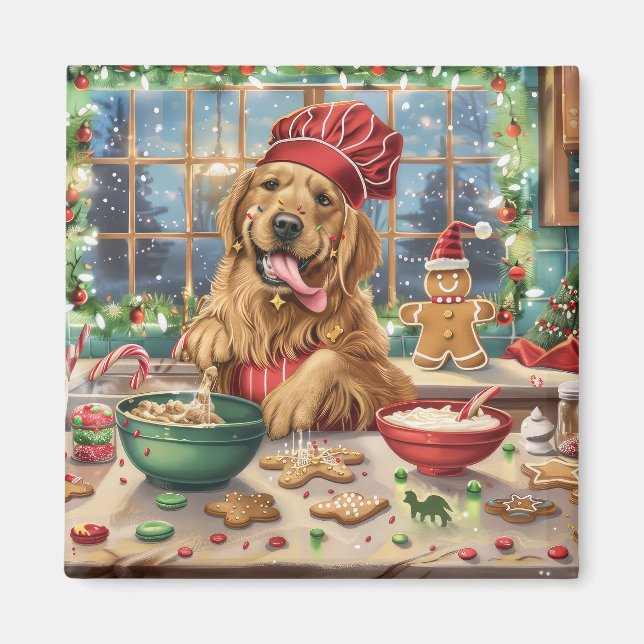 Golden Retriever Holiday Baking: Festive Christmas Magnet (Front)