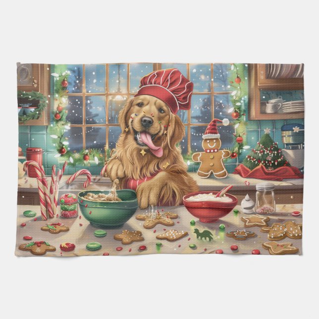 Golden Retriever Holiday Baking: Festive Christmas Tea Towel (Horizontal)
