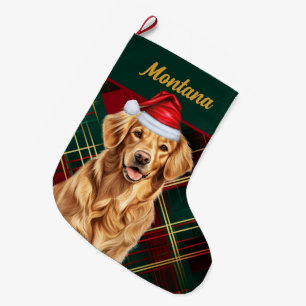Golden Retriever Holiday Plaid and Dogs Name Large Christmas Stocking