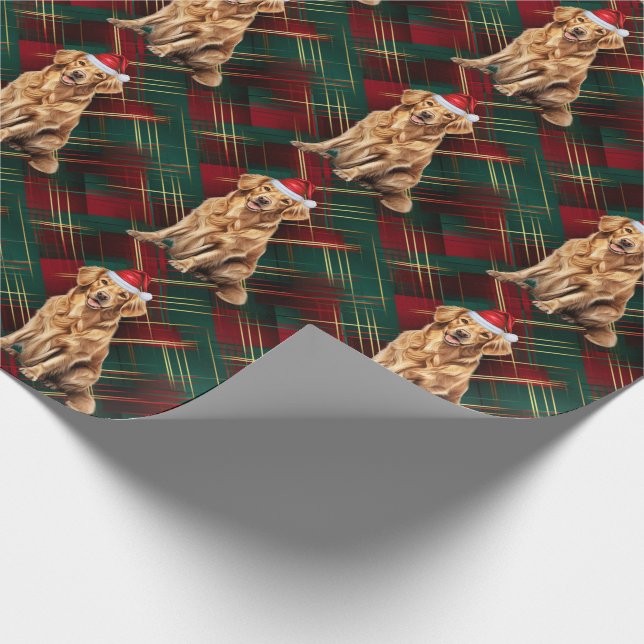 Golden Retriever Holiday Red Green Plaid Christmas Wrapping Paper (Corner)