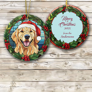 Golden Retriever Holly Berry Wreath Ceramic Ornament