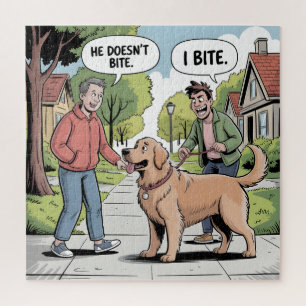 Golden Retriever I Bite Funny Cartoon Jigsaw Puzzle