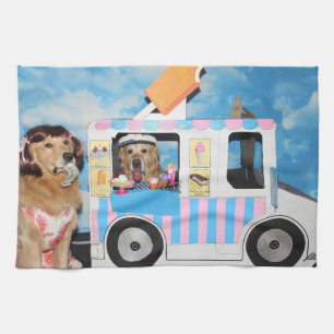 Golden Retriever Ice Cream Truck Tea Towel