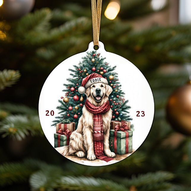 Golden Retriever Illustration Christmas Tree Decor Ceramic Ornament (Beautiful Customizable Christmas Ornament with Golden Retriever in Vibrant Watercolor Design Cute )