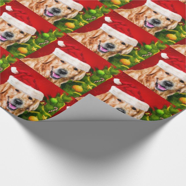 Golden Retriever in a Santa Hat Christmas Wrapping Paper (Corner)