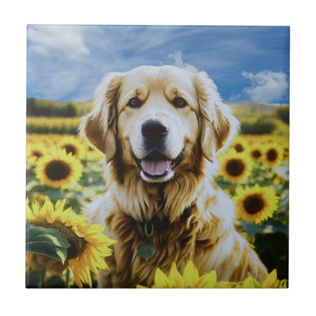 Golden Retriever in a Sunflower Field Ceramic Tile (Front)
