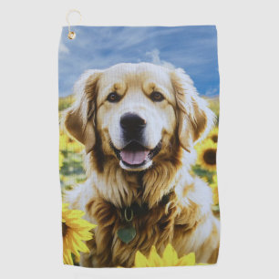 Golden Retriever in a Sunflower Field Golf Towel