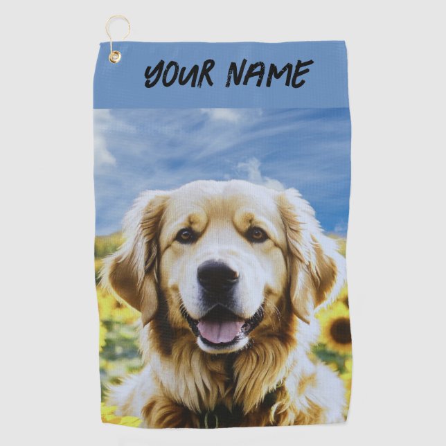 Golden Retriever in a Sunflower Field Golf Towel (Front)