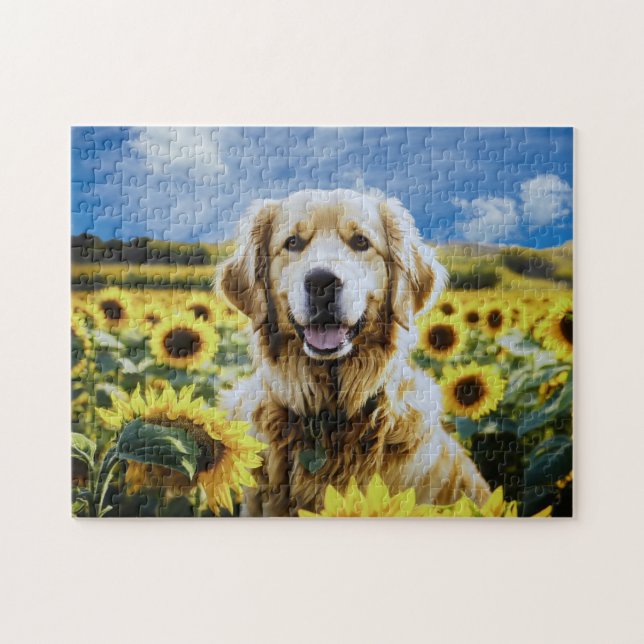 Golden Retriever in a Sunflower Field Jigsaw Puzzle (Horizontal)