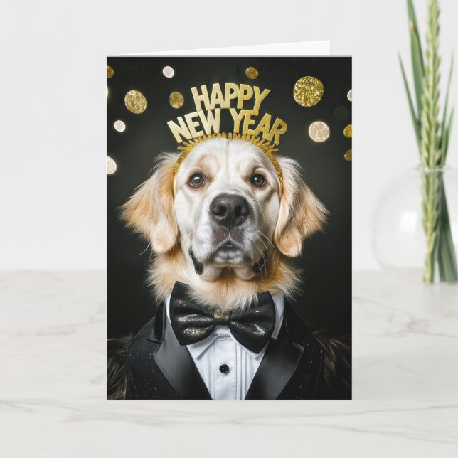 Golden Retriever In a Tuxedo New Year Holiday Card (Front)