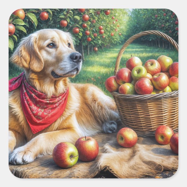 Golden Retriever In Apple Orchard Square Sticker (Front)