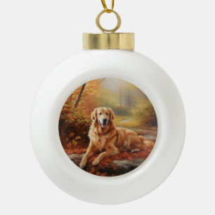 Golden Retriever in Autumn Leaves Fall Inspire Ceramic Ball Christmas Ornament