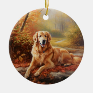 Golden Retriever in Autumn Leaves Fall Inspire Ceramic Ornament