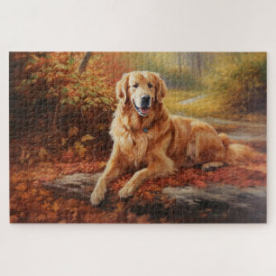 Golden Retriever in Autumn Leaves Fall Inspire Jigsaw Puzzle
