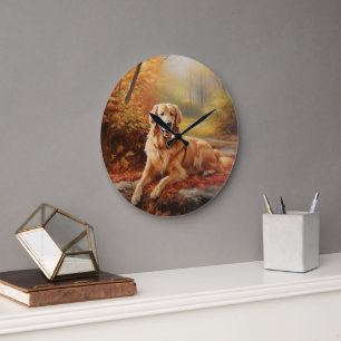 Golden Retriever in Autumn Leaves Fall Inspire Large Clock