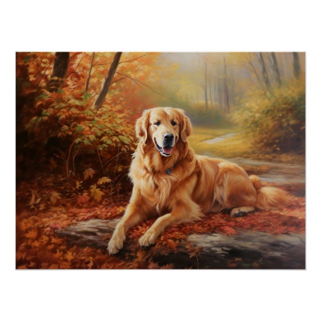 Golden Retriever in Autumn Leaves Fall Inspire  Poster (Front)