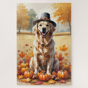 Golden Retriever In Autumn Leaves Thanksgiving Art Jigsaw Puzzle