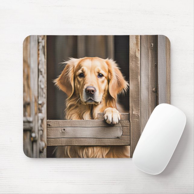 Golden Retriever In Barn Window Mouse Pad (With Mouse)