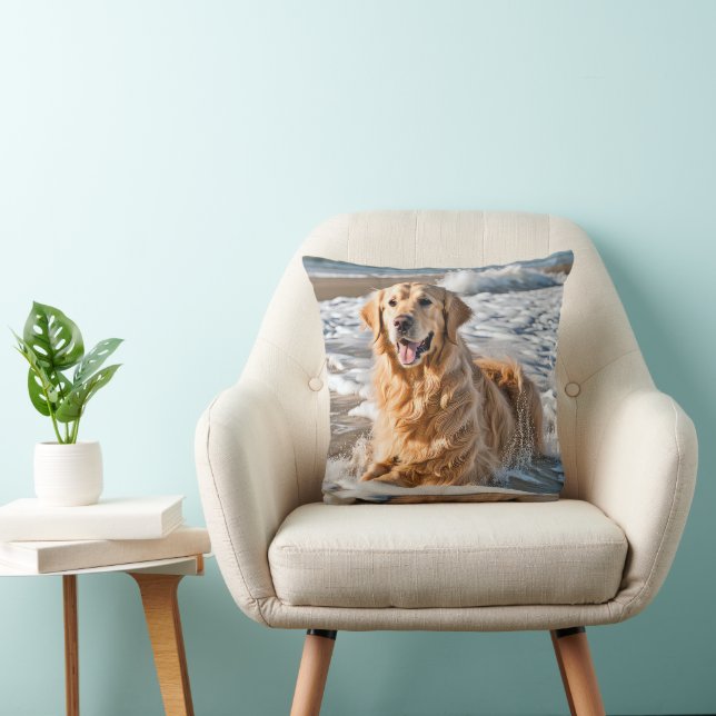 Golden Retriever In Beach Wave Cushion (Chair)