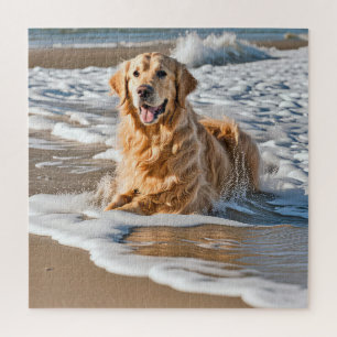Golden Retriever In Beach Wave Jigsaw Puzzle