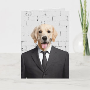 golden retriever in black suit card