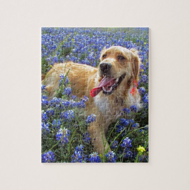 Golden Retriever in Blue Bonnets Jigsaw Puzzle (Vertical)